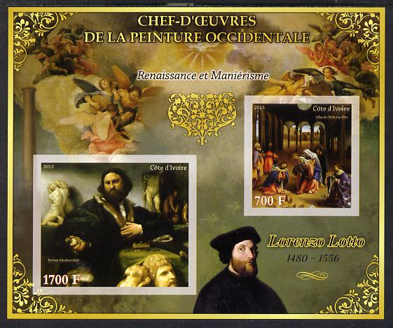 Ivory Coast 2013 Art Masterpieces from the Western World - Renaissance & Mannerism - Lorenzo Lotto imperf sheetlet containing 2 values unmounted mint, stamps on arts, stamps on renaissance, stamps on mannerism, stamps on lotto