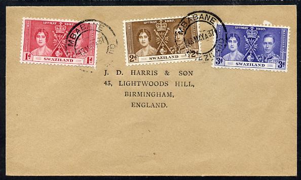 Swaziland 1937 KG6 Coronation set of 3 on plain cover with first day cancel addressed to the forger, J D Harris.  Harris was imprisoned for 9 months after Robson Lowe exp..., stamps on , stamps on  kg6 , stamps on forgery, stamps on forger, stamps on forgeries, stamps on coronation