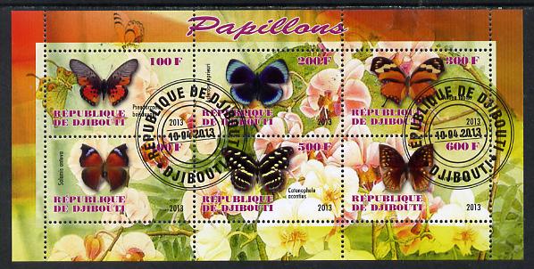 Djibouti 2013 Butterflies #3 perf sheetlet containing 6 values cto used, stamps on butterflies