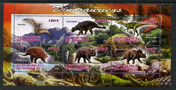 Djibouti 2013 Dinosaurs #2 perf sheetlet containing 6 values unmounted mint, stamps on dinosaurs