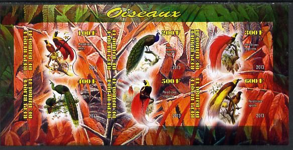 Djibouti 2013 Birds of Paradise imperf sheetlet containing 6 values unmounted mint, stamps on birds, stamps on birds of paradise