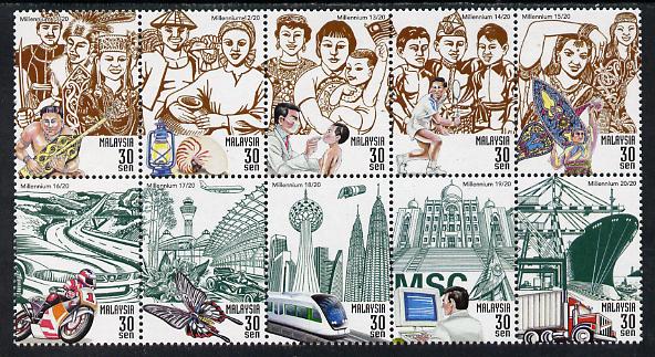Malaysia 2000 New Millennium - 2nd Series - People & Achievements se-tenant block of 10 unmounted mint SG 840-49, stamps on millennium, stamps on costumes, stamps on shells, stamps on fishing, stamps on medical, stamps on badminton, stamps on dancing, stamps on cars, stamps on motorbikes, stamps on butterflies, stamps on airports, stamps on railways, stamps on computers, stamps on ships, stamps on trucks, stamps on  f1 , stamps on formula 1, stamps on  motor racing, stamps on ports