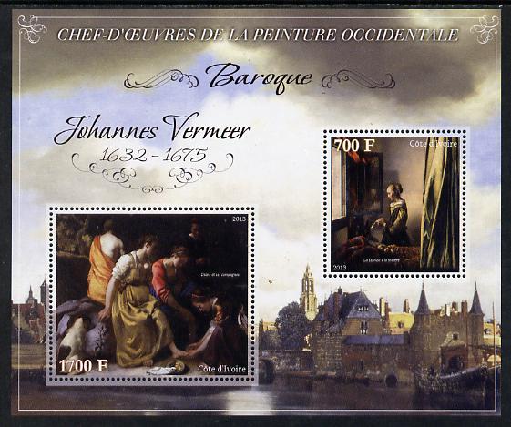 Ivory Coast 2013 Art Masterpieces from the Western World - Baroque Period - Johannes Vermeer perf sheetlet containing 2 values unmounted mint, stamps on arts, stamps on baroque, stamps on vermeer