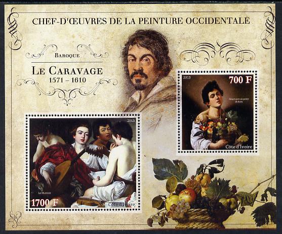 Ivory Coast 2013 Art Masterpieces from the Western World - Baroque Period - Caravaggio perf sheetlet containing 2 values unmounted mint, stamps on arts, stamps on baroque, stamps on caravaggio