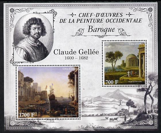 Ivory Coast 2013 Art Masterpieces from the Western World - Baroque Period - Claude Lorrain (Gallee) perf sheetlet containing 2 values unmounted mint, stamps on arts, stamps on baroque, stamps on lorrain, stamps on gallee