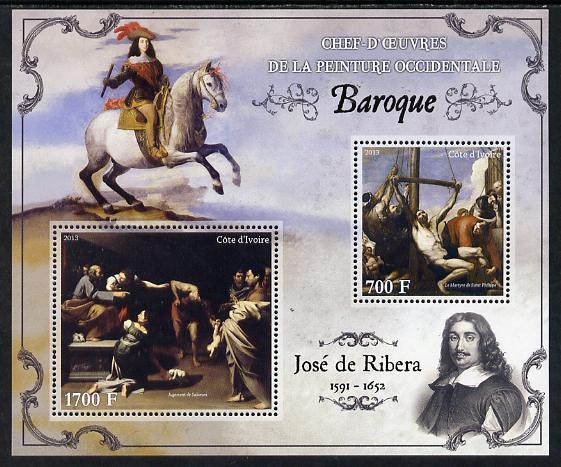 Ivory Coast 2013 Art Masterpieces from the Western World - Baroque Period - Jose de Ribera perf sheetlet containing 2 values unmounted mint, stamps on arts, stamps on baroque, stamps on ribera, stamps on horses