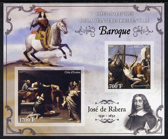 Ivory Coast 2013 Art Masterpieces from the Western World - Baroque Period - Jose de Ribera imperf sheetlet containing 2 values unmounted mint, stamps on arts, stamps on baroque, stamps on ribera, stamps on horses