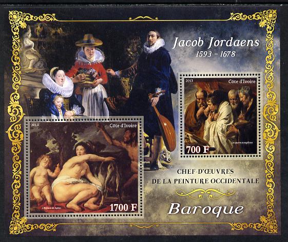 Ivory Coast 2013 Art Masterpieces from the Western World - Baroque Period - Jacob Jordaens perf sheetlet containing 2 values unmounted mint, stamps on arts, stamps on baroque, stamps on jordens, stamps on nudes, stamps on musical instruments