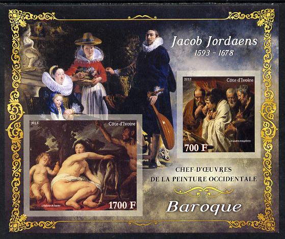 Ivory Coast 2013 Art Masterpieces from the Western World - Baroque Period - Jacob Jordaens imperf sheetlet containing 2 values unmounted mint, stamps on arts, stamps on baroque, stamps on jordens, stamps on nudes, stamps on musical instruments