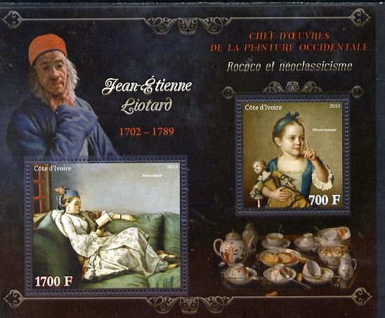 Ivory Coast 2013 Art Masterpieces from the Western World - Rococo & Neoclassicism - Jean-Etienne Liotard perf sheetlet containing 2 values unmounted mint, stamps on arts, stamps on rococo, stamps on neoclassicism, stamps on liotard