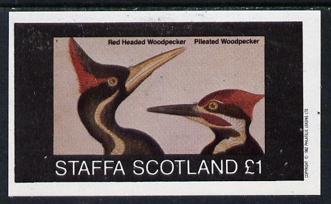 Staffa 1982 Birds #30 (Red Headed Woodpecker) imperf souvenir sheet (Â£1 value) unmounted mint, stamps on birds    woodpecker