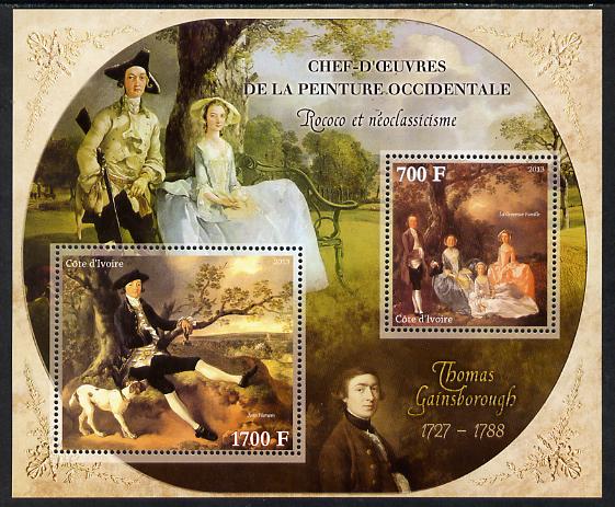 Ivory Coast 2013 Art Masterpieces from the Western World - Rococo & Neoclassicism - Thomas Gainsborough perf sheetlet containing 2 values unmounted mint, stamps on arts, stamps on rococo, stamps on neoclassicism, stamps on gainsborough, stamps on dogs