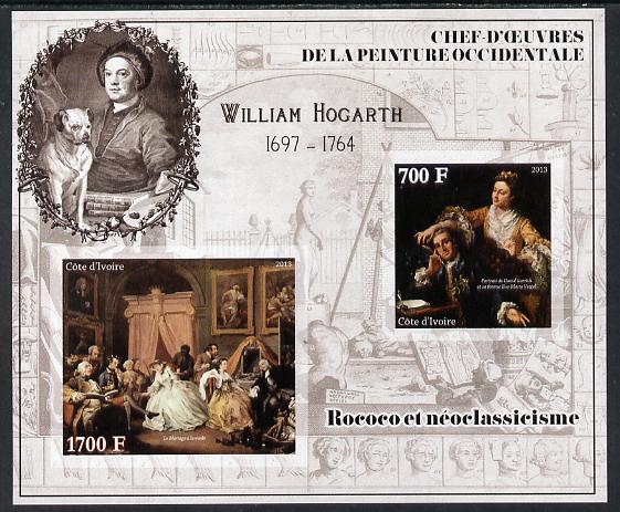 Ivory Coast 2013 Art Masterpieces from the Western World - Rococo & Neoclassicism - William Hogarth imperf sheetlet containing 2 values unmounted mint, stamps on , stamps on  stamps on arts, stamps on  stamps on rococo, stamps on  stamps on neoclassicism, stamps on  stamps on hogarth, stamps on  stamps on dogs