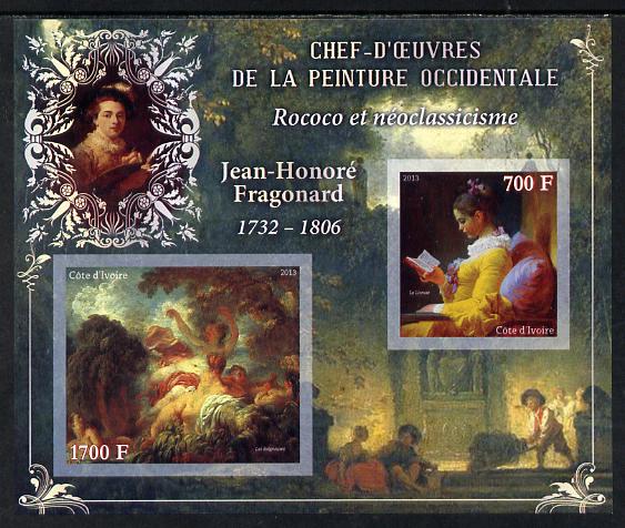 Ivory Coast 2013 Art Masterpieces from the Western World - Rococo & Neoclassicism - Jean-Honore Fragonard imperf sheetlet containing 2 values unmounted mint, stamps on arts, stamps on rococo, stamps on neoclassicism, stamps on fragonard