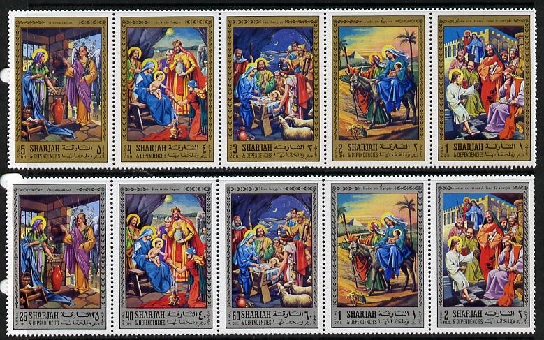 Sharjah 1970 Life of Christ #1 two perf strips of 5 (Mi 737-46A) unmounted mint, stamps on religion