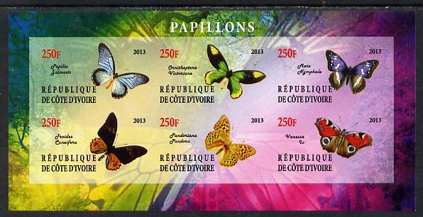 Ivory Coast 2013 Butterflies #4 imperf sheetlet containing 6 values unmounted mint, stamps on , stamps on  stamps on butterflies