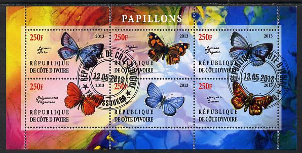 Ivory Coast 2013 Butterflies #5 perf sheetlet containing 6 values fine cto used, stamps on butterflies