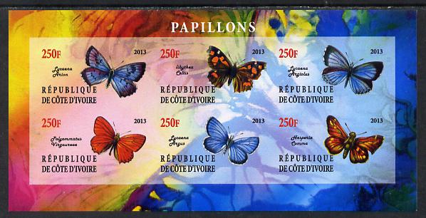 Ivory Coast 2013 Butterflies #5 imperf sheetlet containing 6 values unmounted mint, stamps on , stamps on  stamps on butterflies