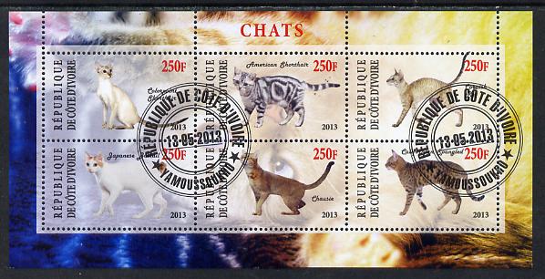 Ivory Coast 2013 Domestic Cats #3 perf sheetlet containing 6 values fine cto used, stamps on cats