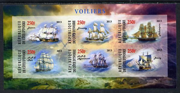 Ivory Coast 2013 Sailing Ships #1 imperf sheetlet containing 6 values unmounted mint, stamps on ships