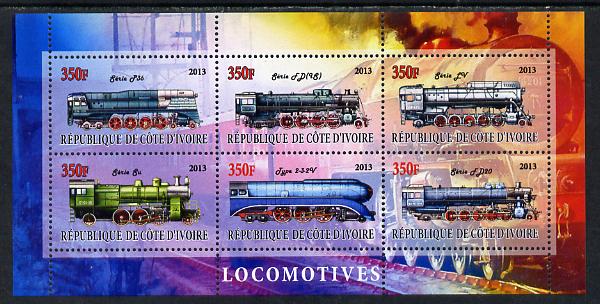 Ivory Coast 2013 Locomotives #2 perf sheetlet containing 6 values unmounted mint, stamps on railways