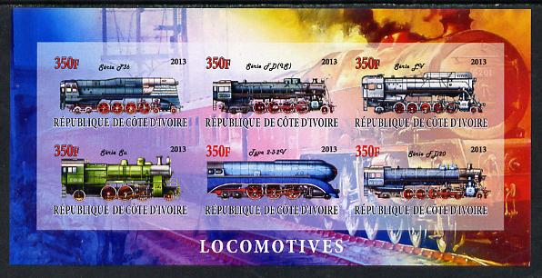 Ivory Coast 2013 Locomotives #2 imperf sheetlet containing 6 values unmounted mint, stamps on railways