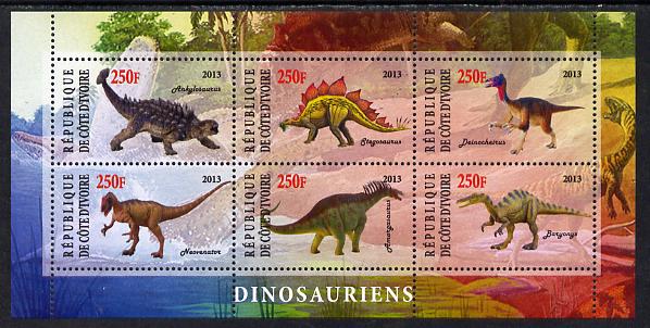 Ivory Coast 2013 Dinosaurs #2 perf sheetlet containing 6 values unmounted mint, stamps on dinosaurs