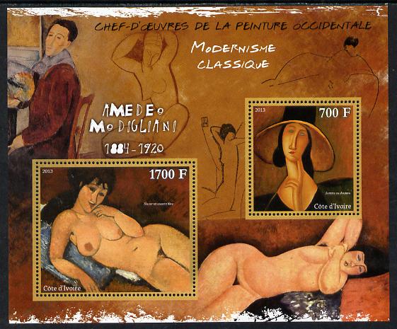 Ivory Coast 2013 Art Masterpieces from the Western World - Modernism - Amedeo Modigliani perf sheetlet containing 2 values unmounted mint, stamps on arts, stamps on modernism, stamps on modigliani, stamps on nudes