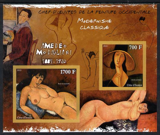 Ivory Coast 2013 Art Masterpieces from the Western World - Modernism - Amedeo Modigliani imperf sheetlet containing 2 values unmounted mint, stamps on arts, stamps on modernism, stamps on modigliani, stamps on nudes