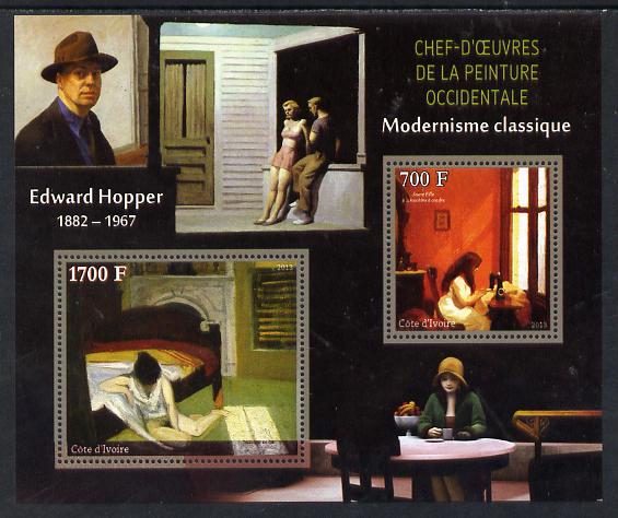 Ivory Coast 2013 Art Masterpieces from the Western World - Modernism - Edward Hopper perf sheetlet containing 2 values unmounted mint, stamps on arts, stamps on modernism, stamps on hopper