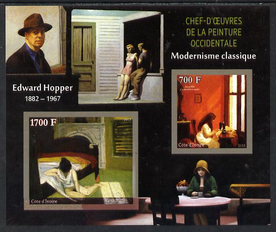 Ivory Coast 2013 Art Masterpieces from the Western World - Modernism - Edward Hopper imperf sheetlet containing 2 values unmounted mint, stamps on arts, stamps on modernism, stamps on hopper