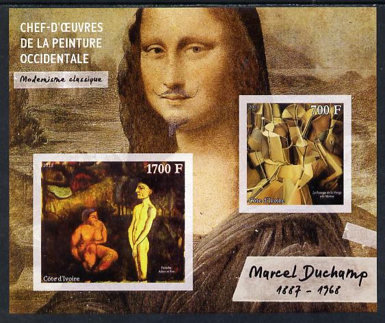 Ivory Coast 2013 Art Masterpieces from the Western World - Modernism - Marcel Duchamp imperf sheetlet containing 2 values unmounted mint, stamps on arts, stamps on modernism, stamps on duchamp, stamps on nudes