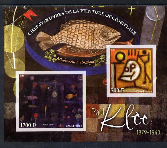 Ivory Coast 2013 Art Masterpieces from the Western World - Modernism - Paul Klee imperf sheetlet containing 2 values unmounted mint, stamps on arts, stamps on modernism, stamps on klee
