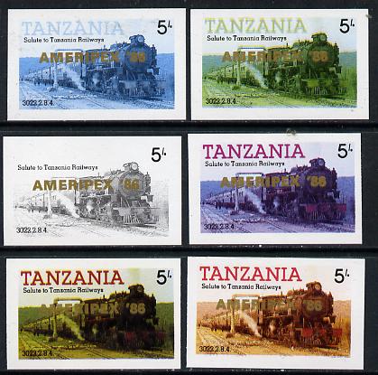 Tanzania 1986 Locomotive 3022 5s value (SG 430) unmounted mint imperf set of 6 progressive colour proofs each with 'Ameripex '86' opt in gold*, stamps on postal, stamps on railways, stamps on stamp exhibitions