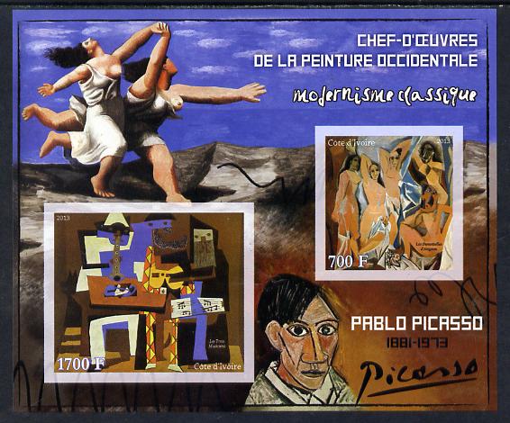 Ivory Coast 2013 Art Masterpieces from the Western World - Modernism - Pablo Picasso imperf sheetlet containing 2 values unmounted mint, stamps on arts, stamps on modernism, stamps on picasso
