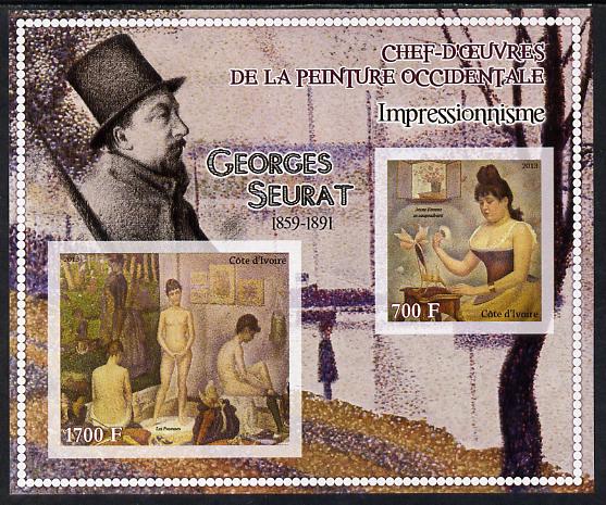 Ivory Coast 2013 Art Masterpieces from the Western World - Impressionism - Georges Seurat imperf sheetlet containing 2 values unmounted mint, stamps on , stamps on  stamps on arts, stamps on  stamps on impressionism, stamps on  stamps on seurat, stamps on  stamps on nudes