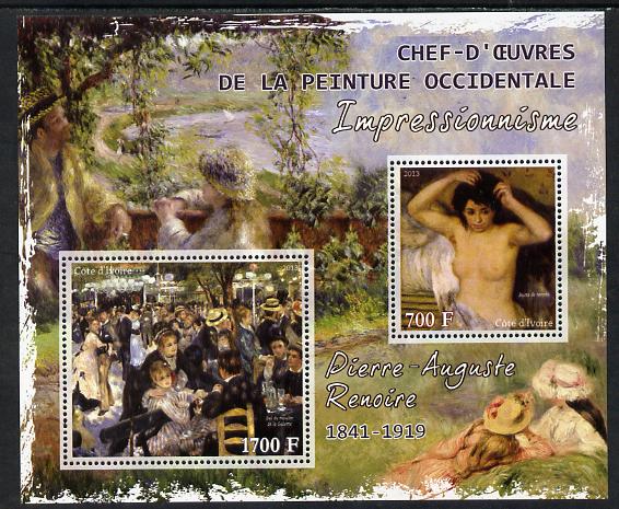 Ivory Coast 2013 Art Masterpieces from the Western World - Impressionism - Pierre Auguste Renoir perf sheetlet containing 2 values unmounted mint, stamps on arts, stamps on impressionism, stamps on renoir, stamps on nudes, stamps on 