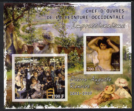 Ivory Coast 2013 Art Masterpieces from the Western World - Impressionism - Pierre Auguste Renoir imperf sheetlet containing 2 values unmounted mint, stamps on arts, stamps on impressionism, stamps on renoir, stamps on nudes, stamps on 