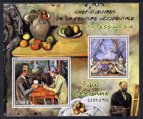 Ivory Coast 2013 Art Masterpieces from the Western World - Impressionism - Paul Cezanne perf sheetlet containing 2 values unmounted mint, stamps on arts, stamps on impressionism, stamps on cezanne, stamps on nudes, stamps on playing cards, stamps on 