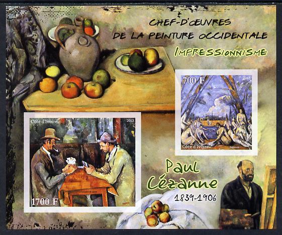 Ivory Coast 2013 Art Masterpieces from the Western World - Impressionism - Paul Cezanne imperf sheetlet containing 2 values unmounted mint, stamps on arts, stamps on impressionism, stamps on cezanne, stamps on nudes, stamps on playing cards, stamps on 