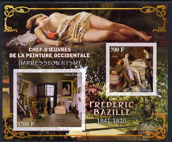 Ivory Coast 2013 Art Masterpieces from the Western World - Impressionism - Frederic Bazille imperf sheetlet containing 2 values unmounted mint, stamps on arts, stamps on impressionism, stamps on bazille, stamps on nudes