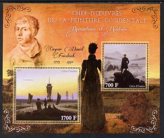 Ivory Coast 2013 Art Masterpieces from the Western World - Romanticism & Realism - Caspar David Friedrich perf sheetlet containing 2 values unmounted mint, stamps on arts, stamps on romanticism, stamps on realism, stamps on friedrich