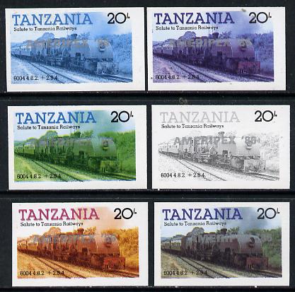 Tanzania 1986 Locomotive 6004 20s value (SG 432) unmounted mint imperf set of 6 progressive colour proofs each with 'Ameripex '86' opt in silver*, stamps on postal, stamps on railways, stamps on stamp exhibitions