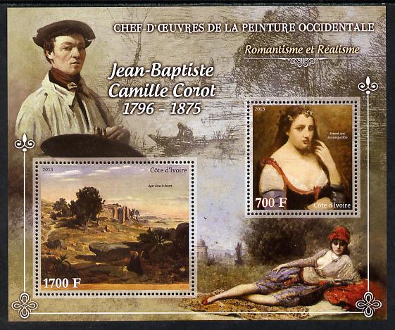 Ivory Coast 2013 Art Masterpieces from the Western World - Romanticism & Realism - Jean-Baptiste Camille Corot perf sheetlet containing 2 values unmounted mint, stamps on arts, stamps on romanticism, stamps on realism, stamps on corot