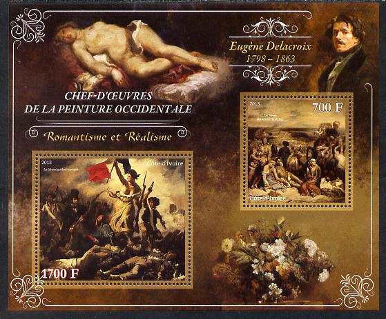 Ivory Coast 2013 Art Masterpieces from the Western World - Romanticism & Realism - Eugene Delacroix perf sheetlet containing 2 values unmounted mint, stamps on arts, stamps on romanticism, stamps on realism, stamps on delacroix, stamps on battles