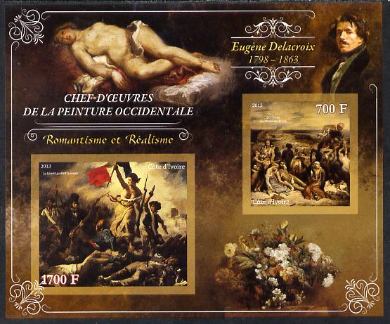 Ivory Coast 2013 Art Masterpieces from the Western World - Romanticism & Realism - Eugene Delacroix imperf sheetlet containing 2 values unmounted mint, stamps on arts, stamps on romanticism, stamps on realism, stamps on delacroix, stamps on battles