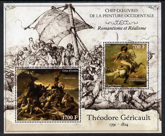 Ivory Coast 2013 Art Masterpieces from the Western World - Romanticism & Realism - Theodore Gericault perf sheetlet containing 2 values unmounted mint, stamps on arts, stamps on romanticism, stamps on realism, stamps on gericault, stamps on battles, stamps on militaria