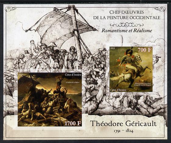 Ivory Coast 2013 Art Masterpieces from the Western World - Romanticism & Realism - Theodore Gericault imperf sheetlet containing 2 values unmounted mint, stamps on arts, stamps on romanticism, stamps on realism, stamps on gericault, stamps on battles, stamps on militaria