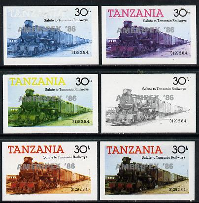 Tanzania 1986 Locomotive 3129 30s value (SG 433) unmounted mint imperf set of 6 progressive colour proofs each with 'Ameripex '86' opt in silver*, stamps on postal, stamps on railways, stamps on stamp exhibitions