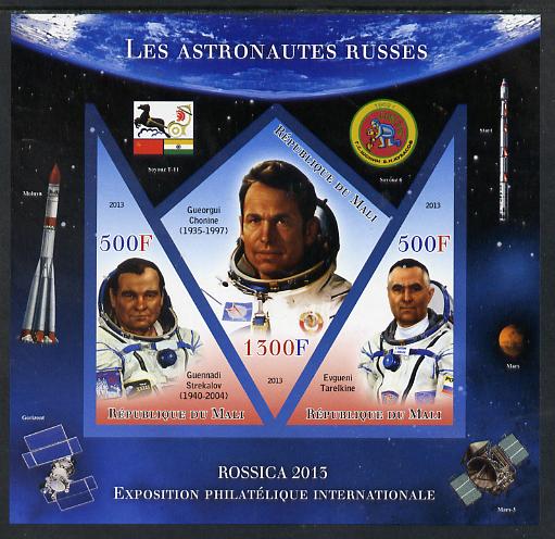 Mali 2013 Rossica Stamp Exhibition - Russian Astronauts #10 imperf sheetlet containing 3 values (2 triangulars & one diamond shaped) unmounted mint, stamps on stamp exhibitions, stamps on space, stamps on shaped, stamps on triangulars, stamps on diamond, stamps on 